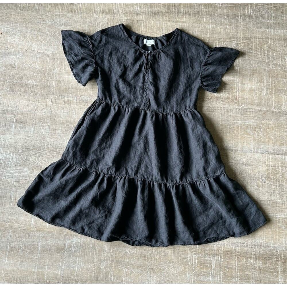 Velvet Graham Spencer 100% Linen Dress S Black Tiered Mini Boho Lagenlook Pocket